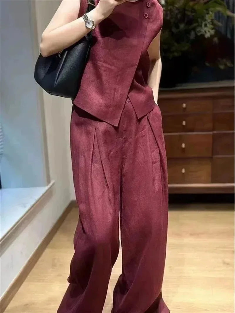 Summer New Linen Pants Suit Korean Fashion 2 Piece Set Women O Neck Sleeveless Vest Loose Wide Leg Pants Sets