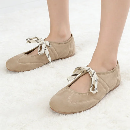 Fashion Lace Up Sewing Design Brand Ballet Flats Women High Quality Faux Suede Mary Jane Shoes Comfortable Round Toe Loafers