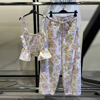 Women Pants Sets Peplum Matching Set Floral Print Vest Sleeveless Top Wide Leg Trousers 2-Piece Outfit Spring Woman Clothes