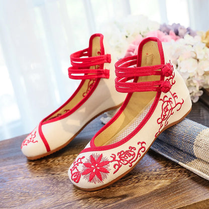 Veowalk Sunflower Embroidered Women Canvas Ballet Flats Ankle Strap Ladies Casual Cotton Chinese Embroidery Ballerina Shoes