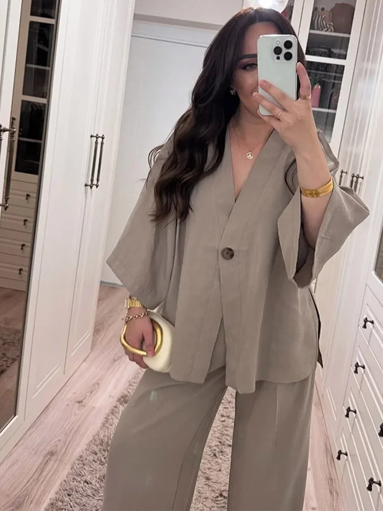Casual Solid Cotton Linen Pants Suits Women Half Sleeve V Neck One Button Loose Top 2 Piece Set Female 2025 Daily Street Outfits
