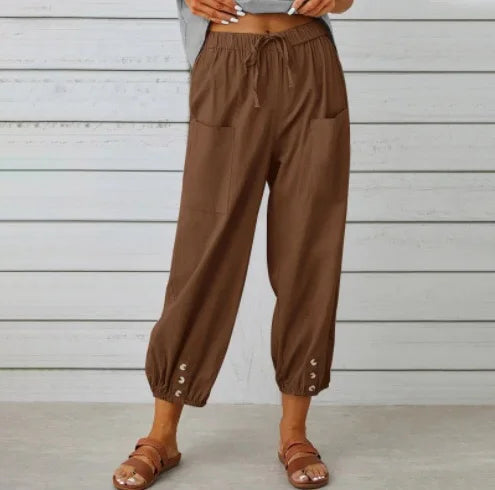 New loose fit high waisted buttoned cotton and linen pants, 9/10 Wide leg women's pants