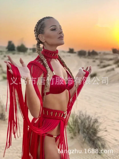 Leosoxs Hand Crochet Knitted Women Bikini Cover Ups Summer Holiday Tassel Beach Bathing Suit Sexy Hollow Out Skirts Matching Set
