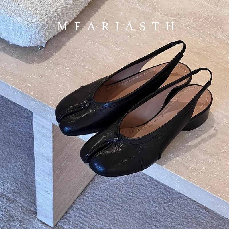 NEW Split Toe Tabi Shoes Size 43 Genuine Leather White Ballet Flats Women Low Heel Mary Janes Pumps Ballerinas Zapatos Mujer